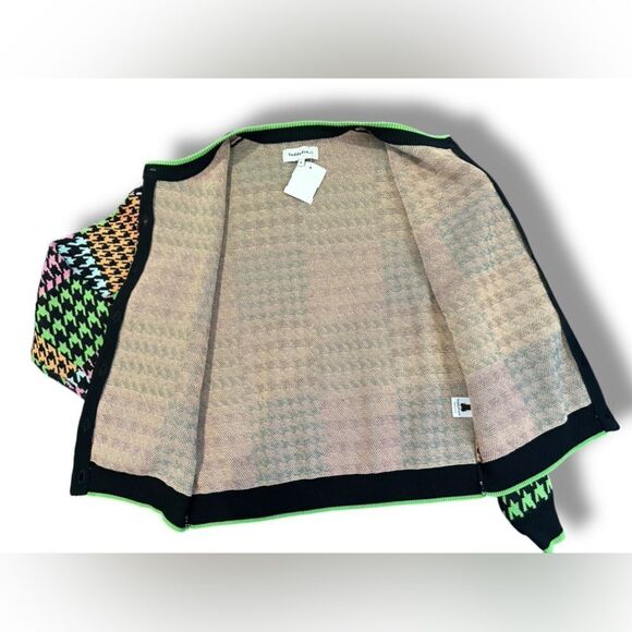 Teddy Fresh Houndstooth Cardigan Sweater Neon Colorblock Cotton H3H3 Size S - Picture 8 of 15